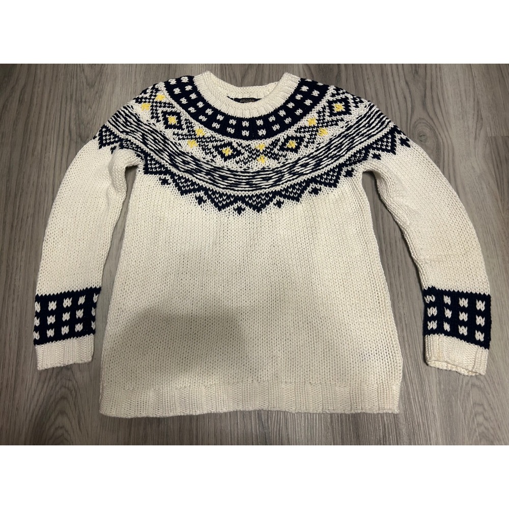 Brooks Brothers Womens Fair Isle Handknit Supima Cotton Sweater Large White Navy